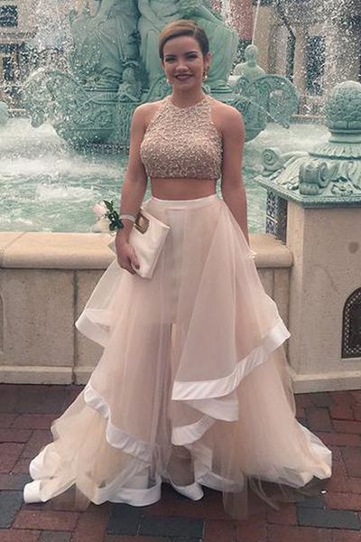 

fashion new two piece champagne a line evening dress tiered pearls lace tulle transparent long party prom gowns selling modern, Black;red