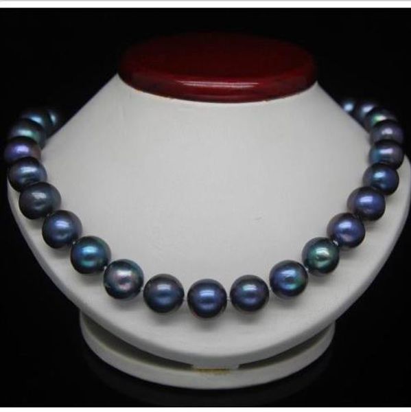 

18'' 10-11mm tahitian black blue pearl necklace 14k y. g clasp, Silver