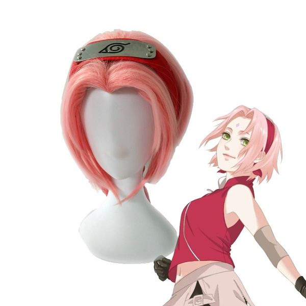 

naruto haruno sakura short cherry pink styled heat resistant costume wig, Black