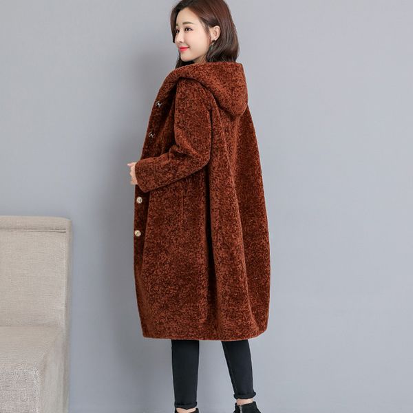 

sheep sheared coat double-faced fur jacket 2018 winter cloak was thin long hooded plus size fur coats wool overcoat s~4xl, Black