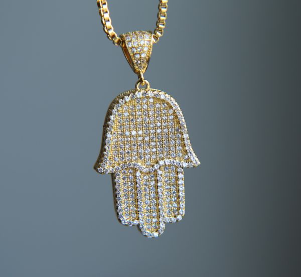 

whole sale2017 hip hop bling box chain 24" women men couple gold silver color iced out hamsa hand pendant necklace with cz