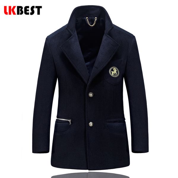 

lknew men wool blend overcoat winter long trench coat men windproof winter jacket keep warm business wool suit 15177, Black