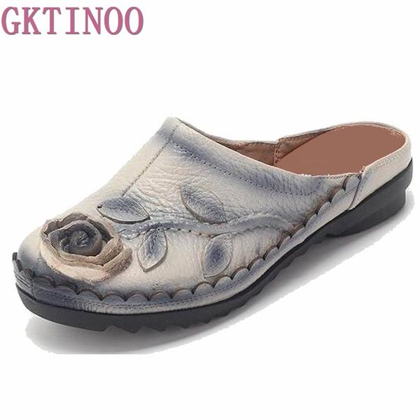 

2017 summer slippers genuine leather shoes women slides flower handmade comfortable women flat sandals, Black
