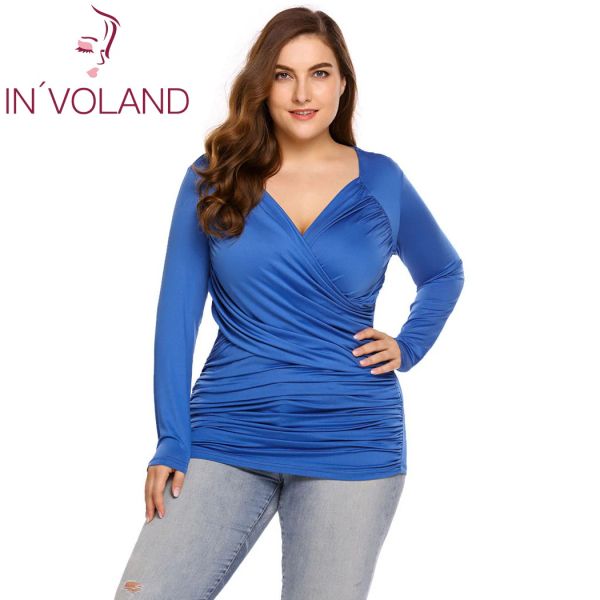 

V-Neck Large Size 5xl Women T-Shirt Tops Autumn Spring Vintage Wrap Front Pullovers Long Sleeve Ruched Tshirt Tees Plus Size