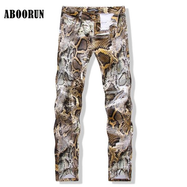 

aboorun 2017 mens snakeskin printed jeans fashion men slim fit denim pants for nightclub singer p8050, Blue