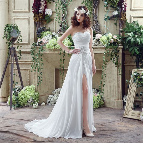 

chiffon garden wedding dresses pleats chiffon side split sparkling beads sash sweep train bridal gowns, White
