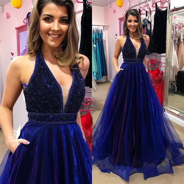 

royal blue a line prom dresses halter v neck beading floor length party gown backless organza vestidos de fiesta, Black