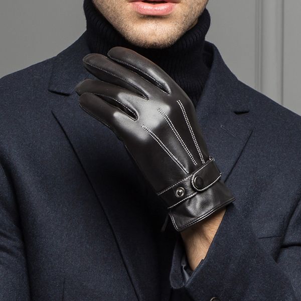 

male spring winter real leather short thin thick black rown touched screen glove man gym car driving mittens, Blue;gray