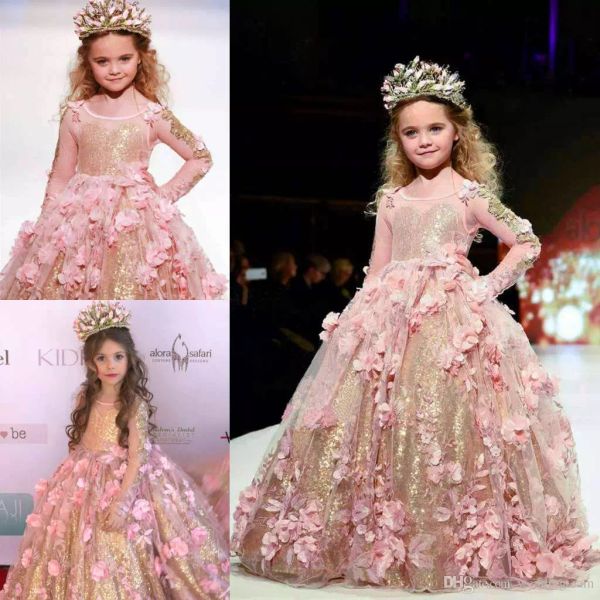 2018 vestido de baile meninas concurso vestidos glitter ouro lantejoulas longas mangas compridas criança flor vestido 3d apliques primeiros vestidos de comunhão