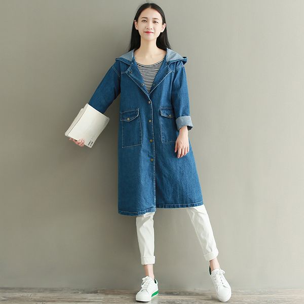 

v-neck hooded ladies long windbreaker single breasted blue designer fall coat casual loose denim trench coat for women, Tan;black