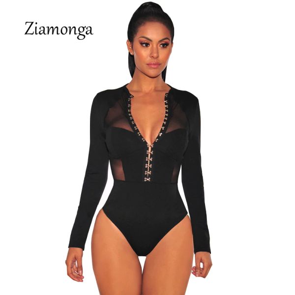 

Patchwork Fashion Design Cropped Mesh Patchwork Long Sleeve Black Bodycon Playsuit Button Hook Unique Denim Women Short Bodysuit