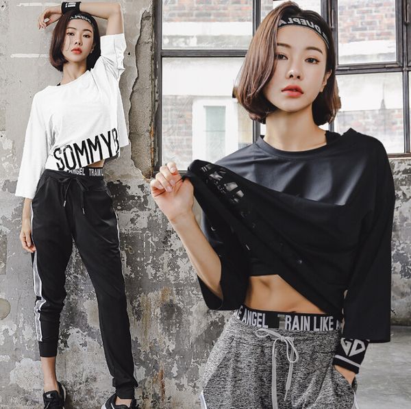 

sports suit plus size the gym three-piece 7-point sleeve loose quick-drying breathable fitness running yoga suit female, White;black