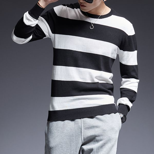 

2018 new fashion brand sweater for mens pullover striped slim fit jumpers knitred o-neck winter korean style casual mens clothes, White;black