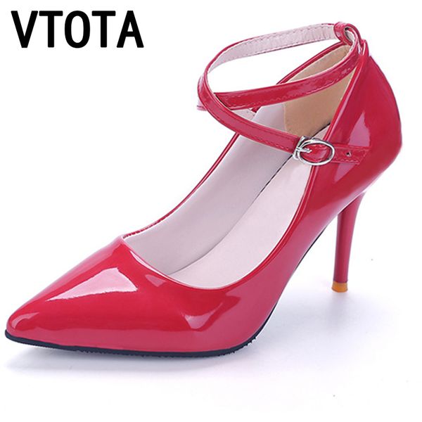 

vtota women leather pumps high heels pointed toe zapatos mujer shallow mouth pumps heel shoes woman p102, Black;white