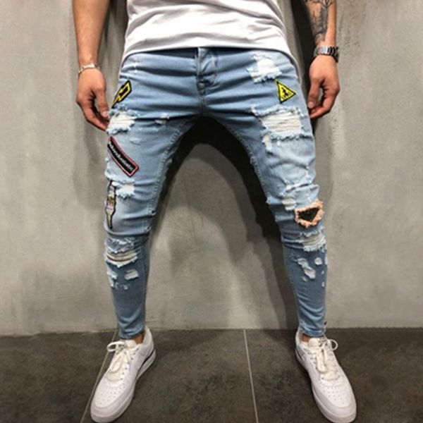 

men fashion ripped badge patches skinny beggar jeans distressed streetwear hip-hop embroidered elastic casual denim trousers, Blue