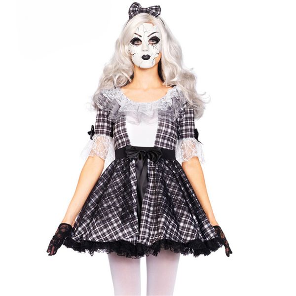 

halloween plaid circus clown costume corpse bride cosplay dress zombie vampire princess day of the dead clothing, Black;red