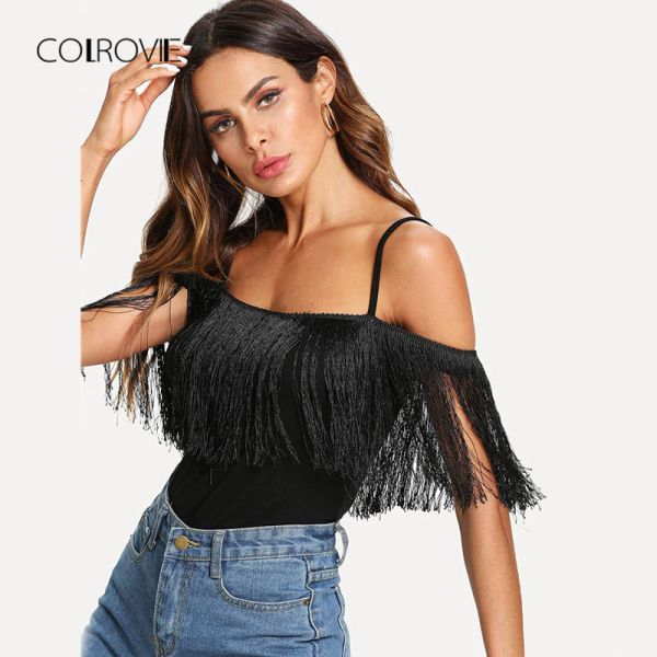 

Open Shoulder Fringe Embellished l Top New Summer Black Tassel Rock Tee Spaghetti Strap Hip Hop Women T-Shirt Female