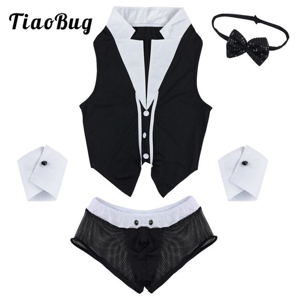 

tiaobug mens maid role play costume erotic halloween outfits boxer briefs underwear with collar handcuffs lingerie set, Black