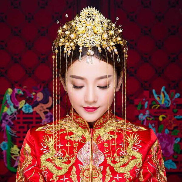 

gold color queen hair stick chinese traditional wedding hairband bridal butterfly tassel crown headpiece hair jewelry bride gift, Golden;white
