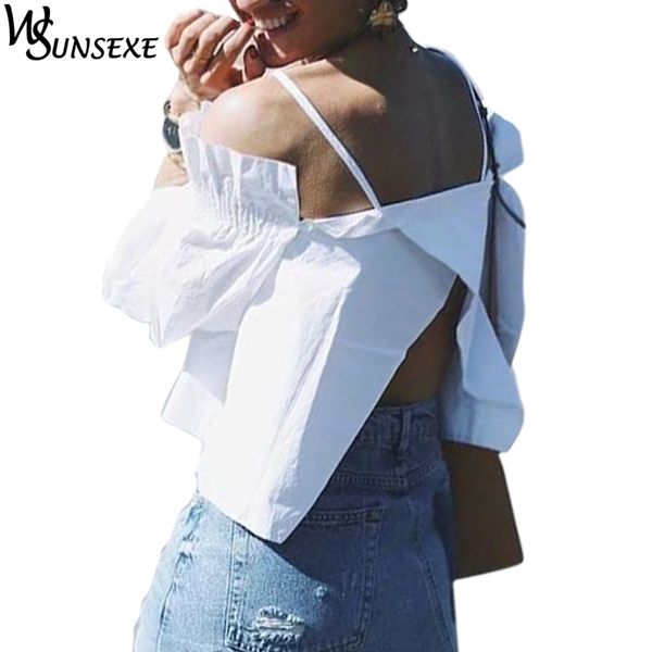 

off shoulder backless blouse shirts women's casual striped slash neck lantern sleeve 2018 fashion spring short blusas, White