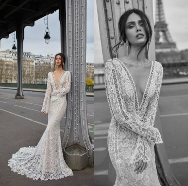 

русалка julie vino свадебные платья кружевные аппликации с длинным рукавом иллюзорный лиф vestidos de novia глубокий v-образным вырезом руба, White