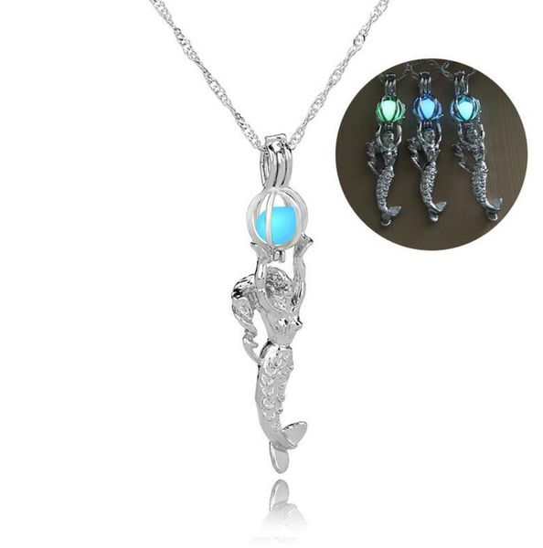 

glow in dark mermaid necklace fluorescent light mermaid locket pendant chain for women luminous hollow mermaid necklace 3 colors, Silver