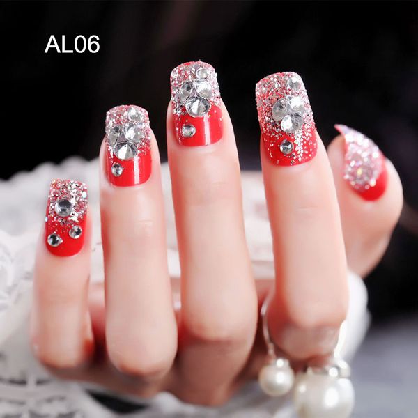

full beauty 24pcs red fake nails bride false nail glitter nail tips with glue nails art accessaries, Black