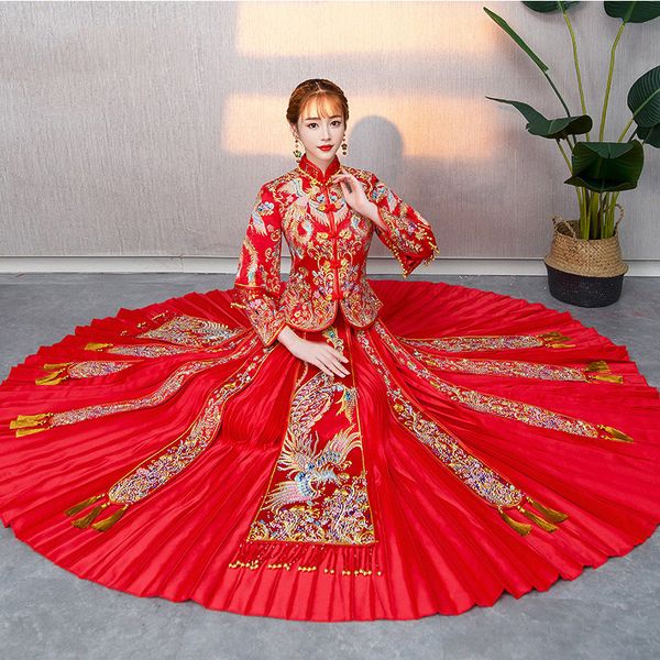 

traditional chinese wedding dress long cheongsam handmade embroidery qipao dresses retro dressing gown size s-xxl, Red