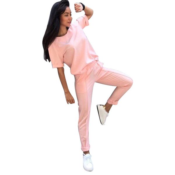 

tracksuit short sleeve t -shirt and pants mid line trousers two piece set solid color 2 pcs suits outfits 4 colors female regular, Gray