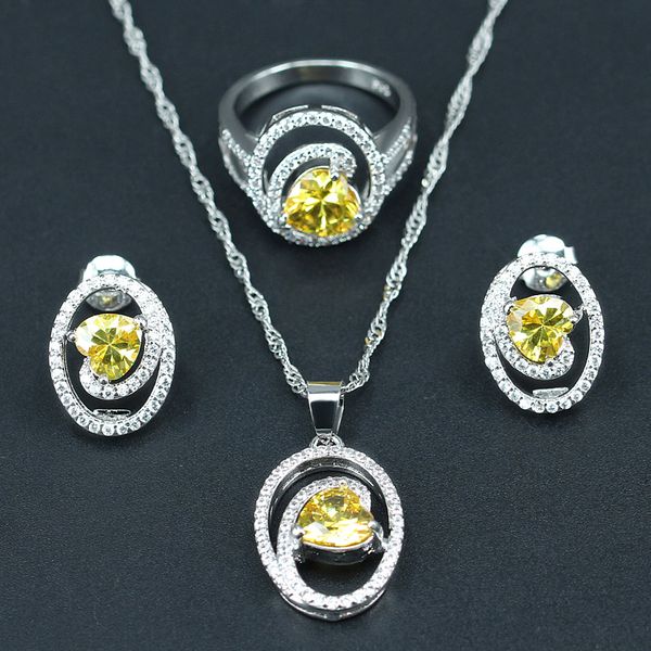 

yellow zircon silver color wedding 925 jewelry set for women necklace earring ring pendants for bridal jewelry, Slivery;golden