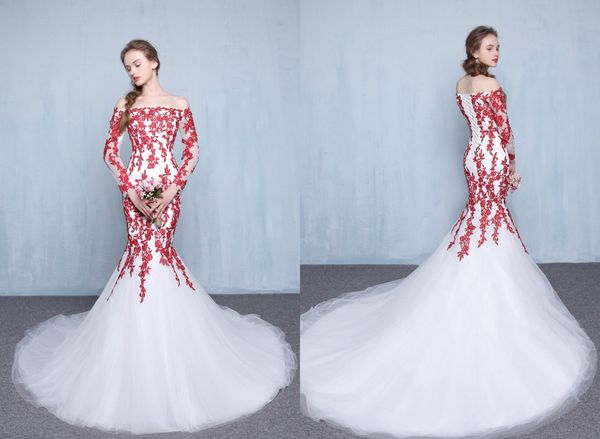 

red and white wedding dresses with long sleeves illusion off the shoulder lace applique court train wedding bridal gown lace up back
