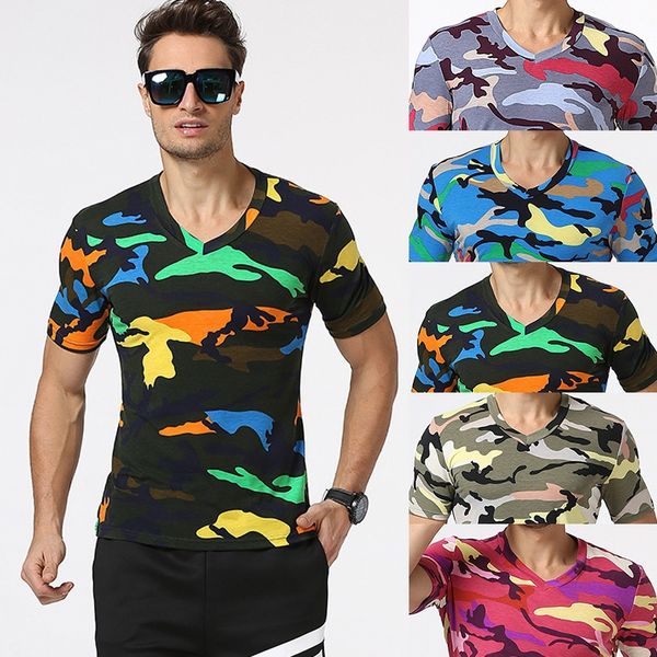

2018 summer camouflage multicolor v-neck camouflage t-shirt, White;black