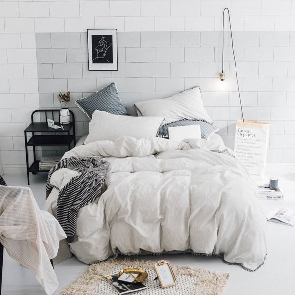 White Stripes Duvet Cover Set 100 Cotton Solid Color Bed Sheet