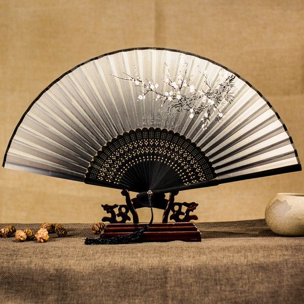 

58cm vintage chinese spun silk bamboo flower printing hand fan folding hollow carved fan party supplies home decor accessories