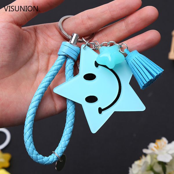 

3 colors lovely star smiling face keychains for women kids girl pentagram pu leather hanging tassel car key ring bag accessory, Silver