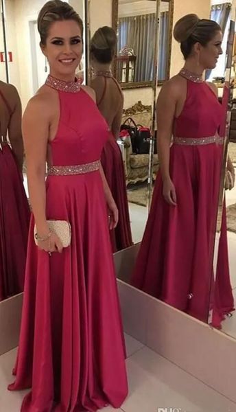 

open back fuchsia party gowns a line high neck prom dress taffeta elegant evening formal dresses, Black;red