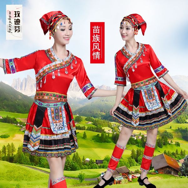 

torch festival of the yi dance costume female performers dress pleated skirt li and miao ethnic minority costume, Black;red