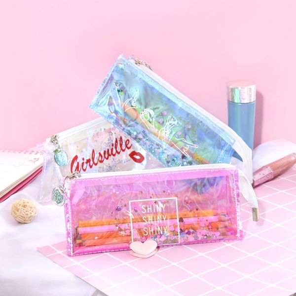 

kawaii pink girl laser paillette soft clear pencil case school pencil cases cute stationery bag papelaria estojo escolar