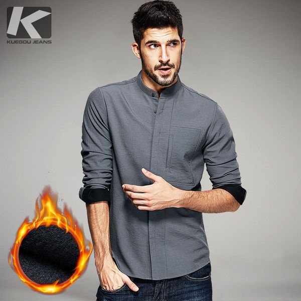 

kuegou winter mens casual shirts thick with velvet black gray brand clothing for man's long sleeve clothes male slim 25802, White;black