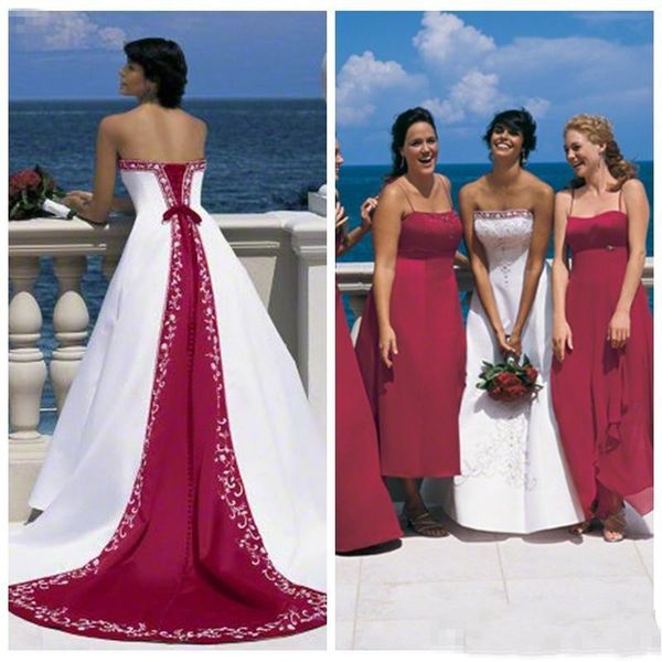 

excellent quality elegant dark red and white wedding dresses strapless sleeveless custom made court train satin embroidery bridal gown