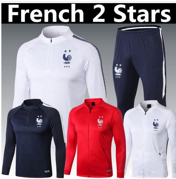 Acheter Champion Du Monde 2018 2 étoiles Française Thaïlande Griezmann Mbappe Pogba Bleu Blanc Survêtement Survêtement Manches Longues équipe