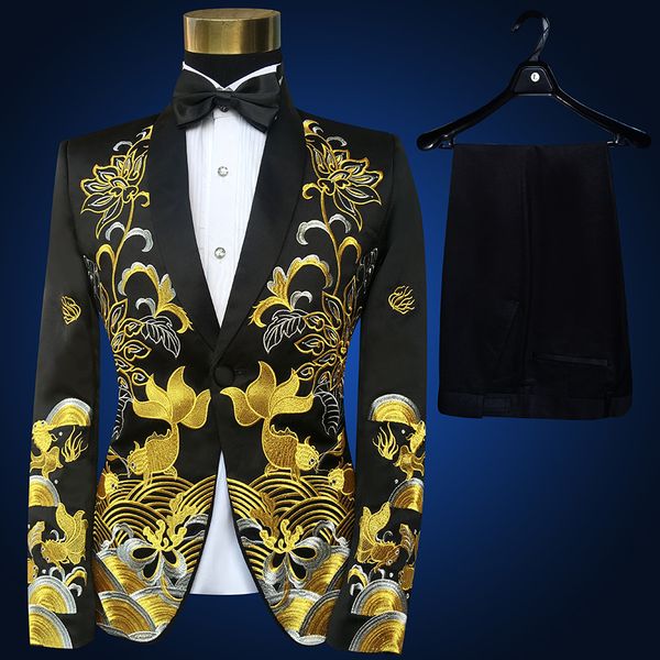 

the new embroidery retro robe collar stage ceremonies slim suit singer performance host costumes, White;black