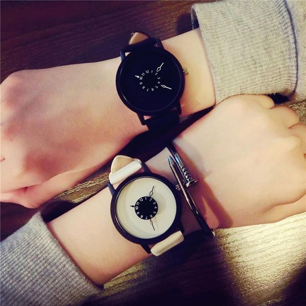

lintimes women men quartz-watch unique dial design lovers' watch leather wristband clock, Slivery;brown