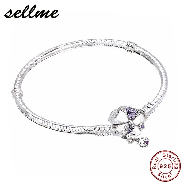 

925 sterling silver moments wildflower meadow snake chain bracelet fit pan charm bracelets diy silver beads jewelry, Golden;silver