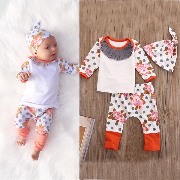 

newborn baby kids girls clothing set 3pcs flower print polka dots outfits long sleeve + pant + hat 3pcs baby girl 0-18m, White