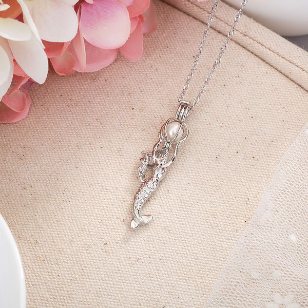 

pretty necklace mermaid imitation beautiful women female collier femme pendant pearl cages necklace, Silver