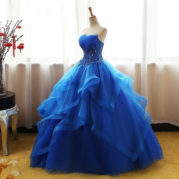 

blue quinceanera dresses ball gown corset crystals beads ruffles tulle lace up back girls pageant gowns strapless prom dress, Blue;red