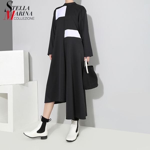 

2018 korean style women autumn long black asymmetrical dress with square patches long sleeve girls cute wear dress vestidos 3812, White;black