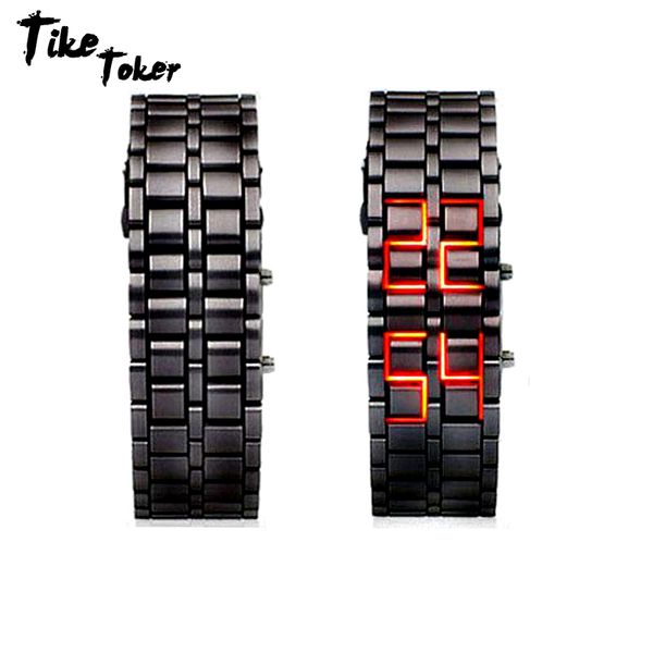 

tike toker, fashion black full metal digital lava wrist watch iron metal red led samurai for men boy sport simple wathes 07, Slivery;brown