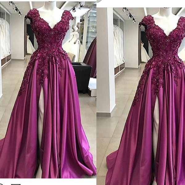 

Purple Prom Dresses V Neck Lace Appliques Beading Pearls Hand Made Flowers A Line Satin Side Slit Red Long Evening Gowns
